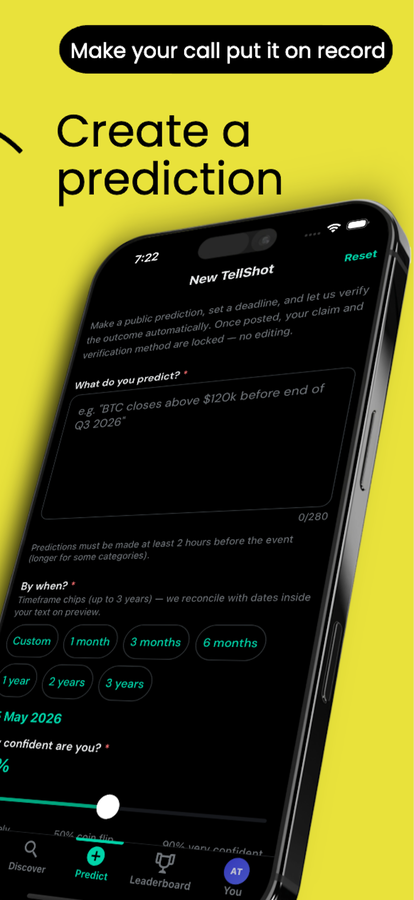 TellShots New TellShot. Create a prediction.